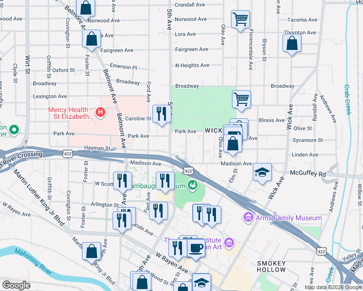 map of restaurants, bars, coffee shops, grocery stores, and more near 820 Michigan Avenue in Youngstown
