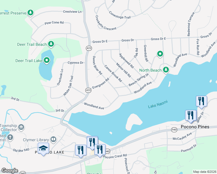 map of restaurants, bars, coffee shops, grocery stores, and more near 1 Sweet Briar Road in Pocono Pines
