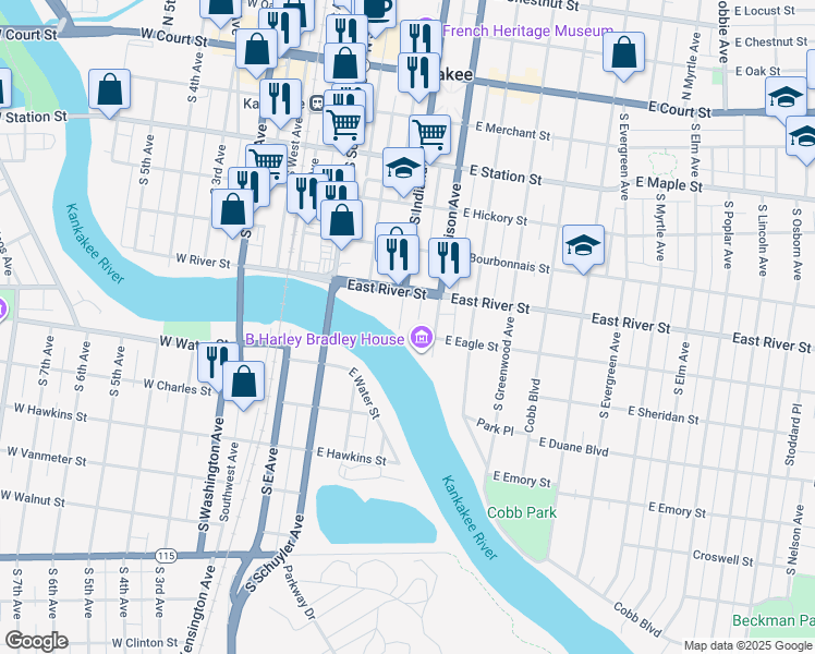 map of restaurants, bars, coffee shops, grocery stores, and more near 684 South Indiana Avenue in Kankakee