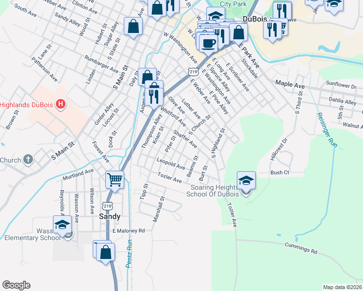 map of restaurants, bars, coffee shops, grocery stores, and more near Knarr Alley in DuBois