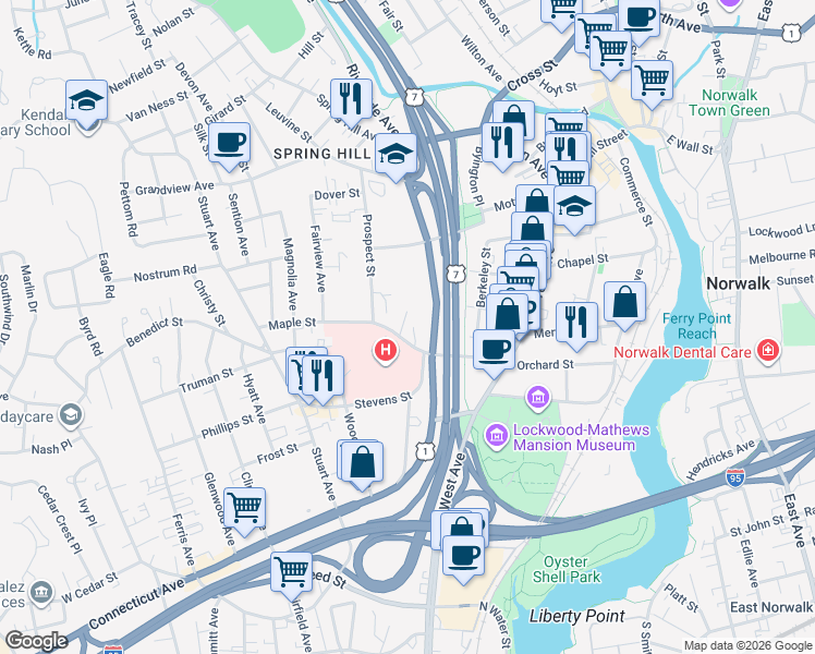 map of restaurants, bars, coffee shops, grocery stores, and more near 15 Clarmore Drive in Norwalk