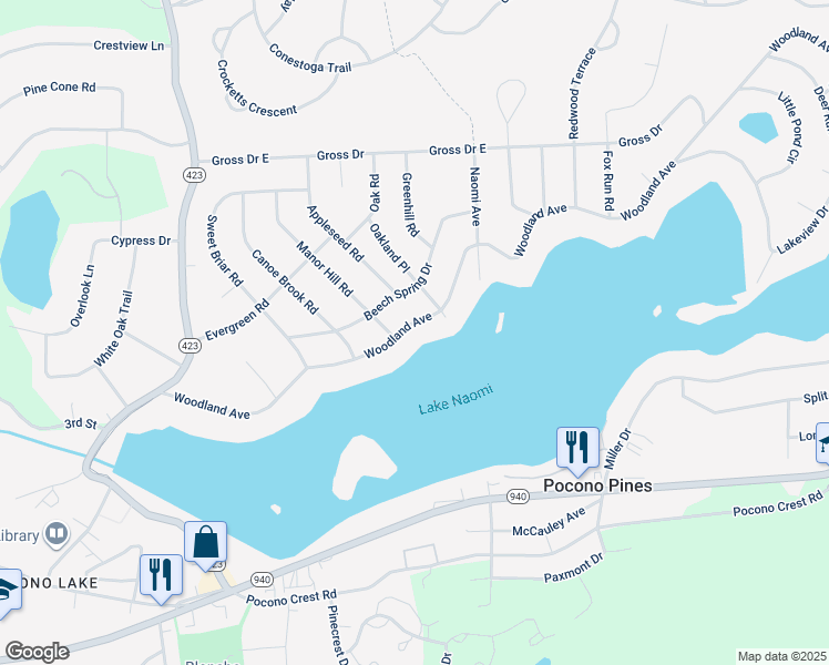 map of restaurants, bars, coffee shops, grocery stores, and more near 5228 Woodland Avenue in Pocono Pines