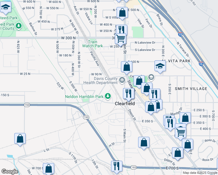 map of restaurants, bars, coffee shops, grocery stores, and more near 53 South 150 West in Clearfield