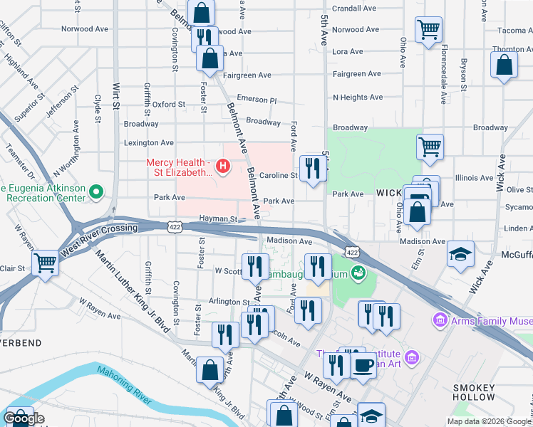 map of restaurants, bars, coffee shops, grocery stores, and more near 911 Belmont Avenue in Youngstown