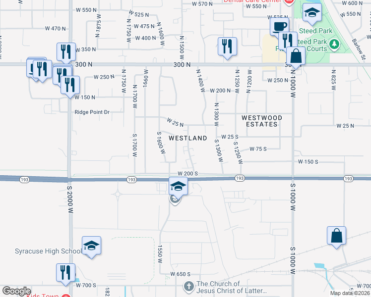 map of restaurants, bars, coffee shops, grocery stores, and more near 85 South 1450 West in Clearfield