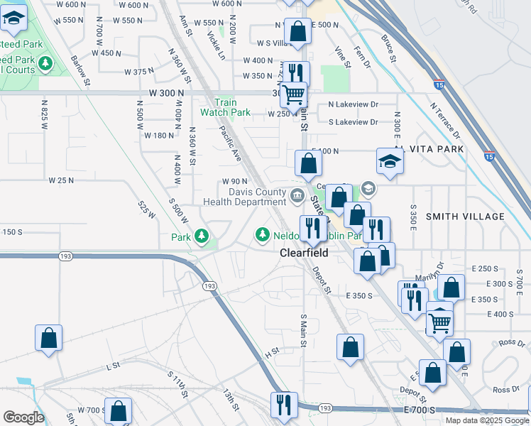 map of restaurants, bars, coffee shops, grocery stores, and more near 53 South 150 West in Clearfield