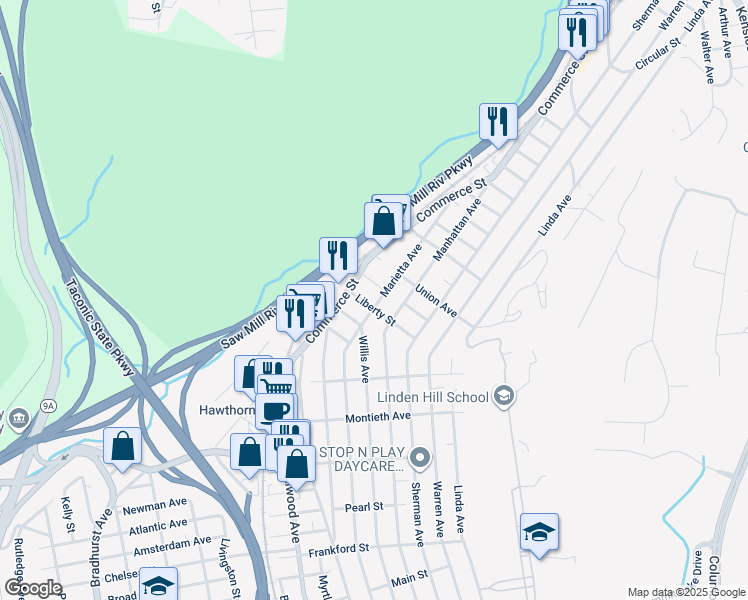 map of restaurants, bars, coffee shops, grocery stores, and more near 501 Manhattan Avenue in Hawthorne