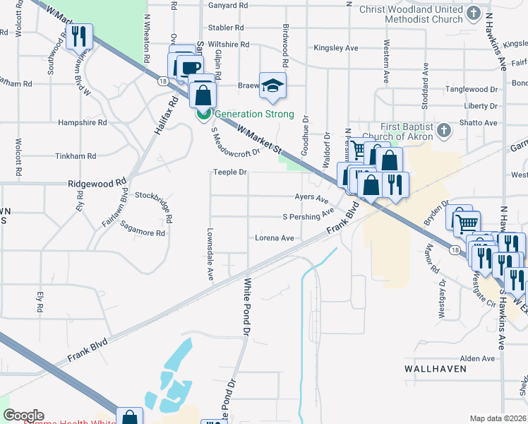 map of restaurants, bars, coffee shops, grocery stores, and more near 154 South Pershing Avenue in Akron