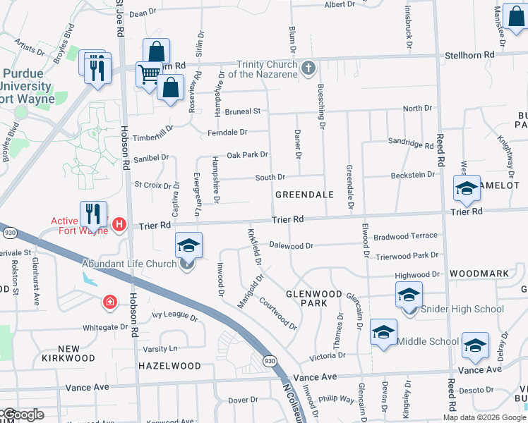 map of restaurants, bars, coffee shops, grocery stores, and more near 3740 Kirkfield Drive in Fort Wayne