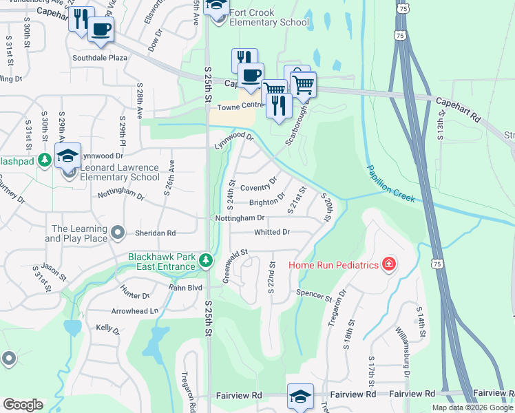 map of restaurants, bars, coffee shops, grocery stores, and more near 2261 Nottingham Drive in Bellevue