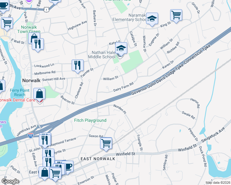 map of restaurants, bars, coffee shops, grocery stores, and more near 9 Dairy Farm Road in Norwalk