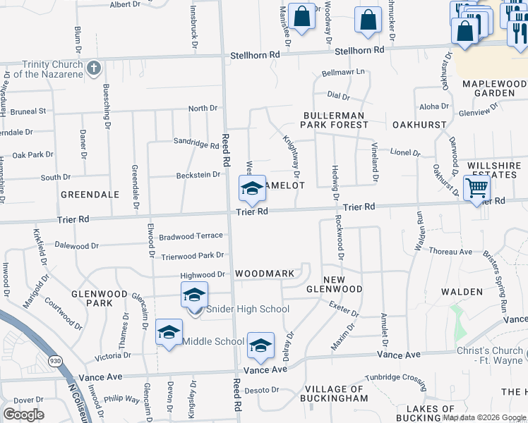 map of restaurants, bars, coffee shops, grocery stores, and more near 4910 Trier Road in Fort Wayne