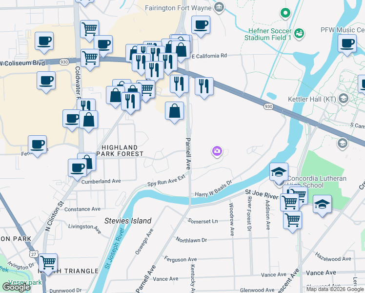 map of restaurants, bars, coffee shops, grocery stores, and more near 1035 Ridgewood Drive in Fort Wayne