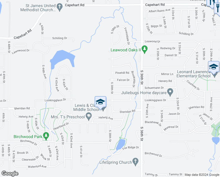map of restaurants, bars, coffee shops, grocery stores, and more near 13254 South 38th Street in Bellevue