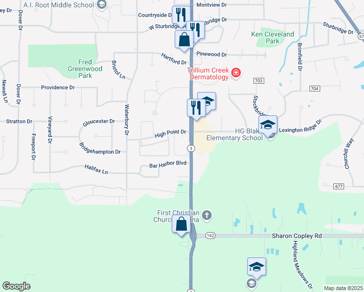 map of restaurants, bars, coffee shops, grocery stores, and more near 100 High Point Drive in Medina