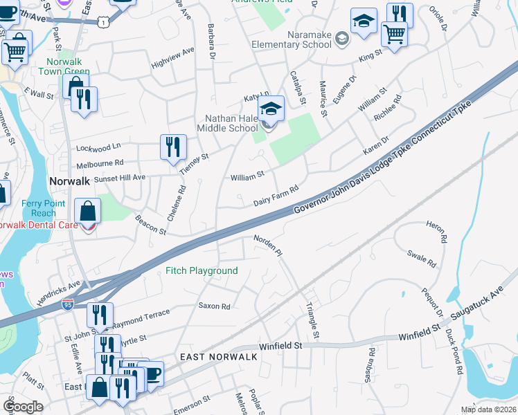 map of restaurants, bars, coffee shops, grocery stores, and more near 15 Dairy Farm Road in Norwalk