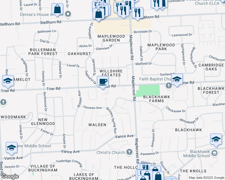 map of restaurants, bars, coffee shops, grocery stores, and more near 6036 Trier Road in Fort Wayne