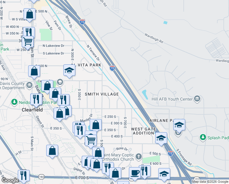 map of restaurants, bars, coffee shops, grocery stores, and more near 584 East Maple Street in Clearfield
