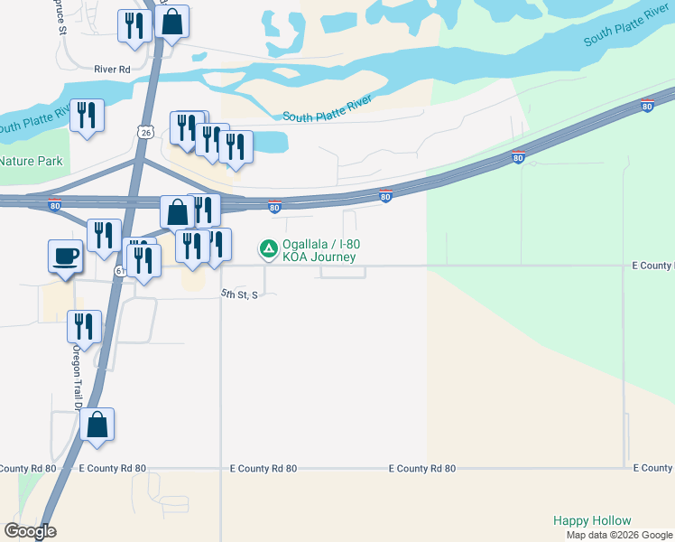 map of restaurants, bars, coffee shops, grocery stores, and more near 16 Green Acres Court in Ogallala