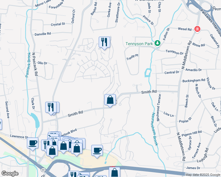 map of restaurants, bars, coffee shops, grocery stores, and more near 2 Woodland Terrace in Nanuet