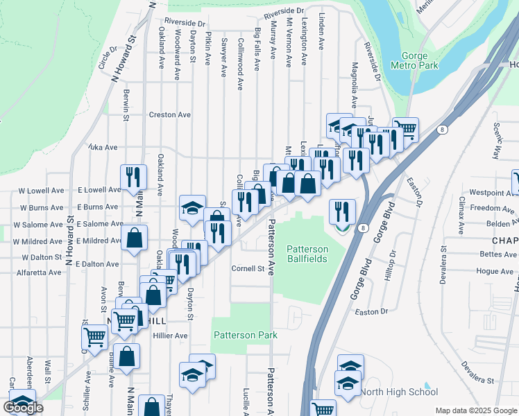 map of restaurants, bars, coffee shops, grocery stores, and more near 999 Big Falls Avenue in Akron