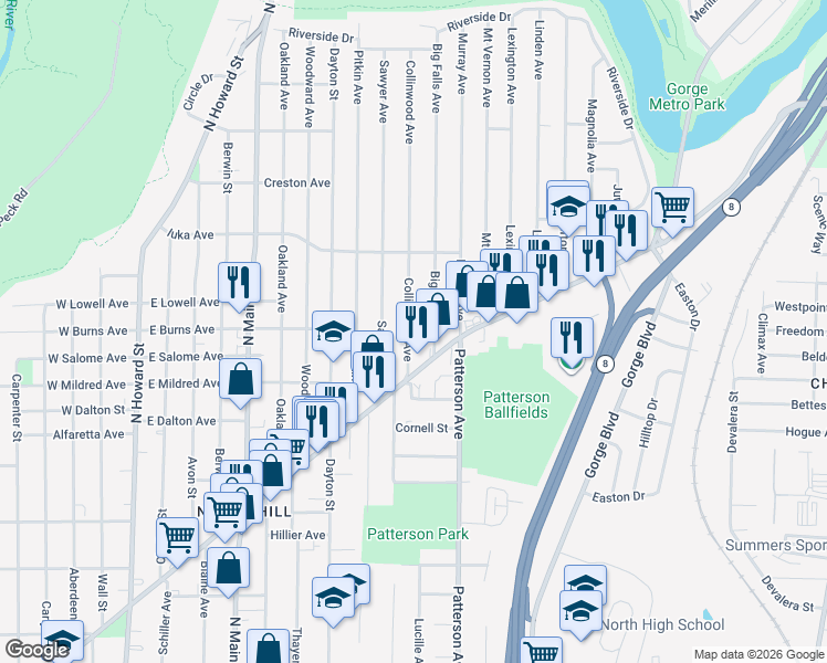 map of restaurants, bars, coffee shops, grocery stores, and more near 975 Collinwood Avenue in Akron