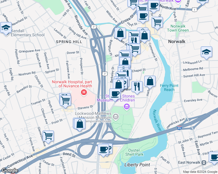 map of restaurants, bars, coffee shops, grocery stores, and more near 15 Arch Street in Norwalk