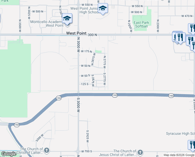 map of restaurants, bars, coffee shops, grocery stores, and more near 2822 West 100 South in West Point