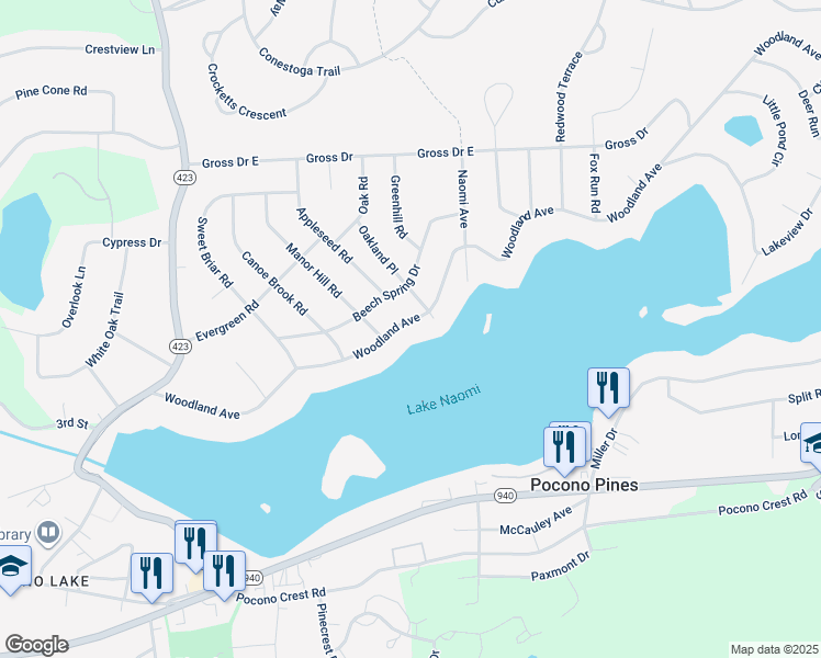 map of restaurants, bars, coffee shops, grocery stores, and more near 5228 Woodland Avenue in Pocono Pines