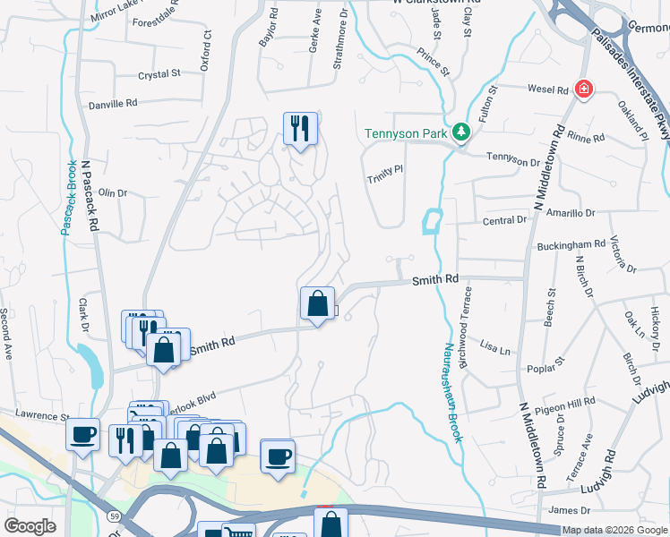 map of restaurants, bars, coffee shops, grocery stores, and more near 2 Woodland Terrace in Nanuet
