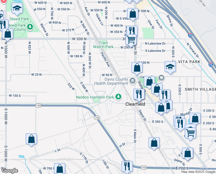 map of restaurants, bars, coffee shops, grocery stores, and more near 106 South 300 West in Clearfield