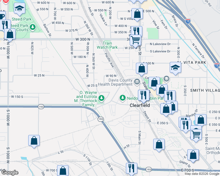 map of restaurants, bars, coffee shops, grocery stores, and more near 106 South 300 West in Clearfield