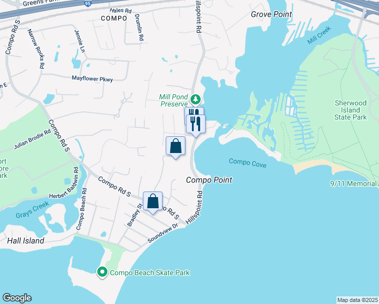 map of restaurants, bars, coffee shops, grocery stores, and more near 22 Bluewater Hill in Westport