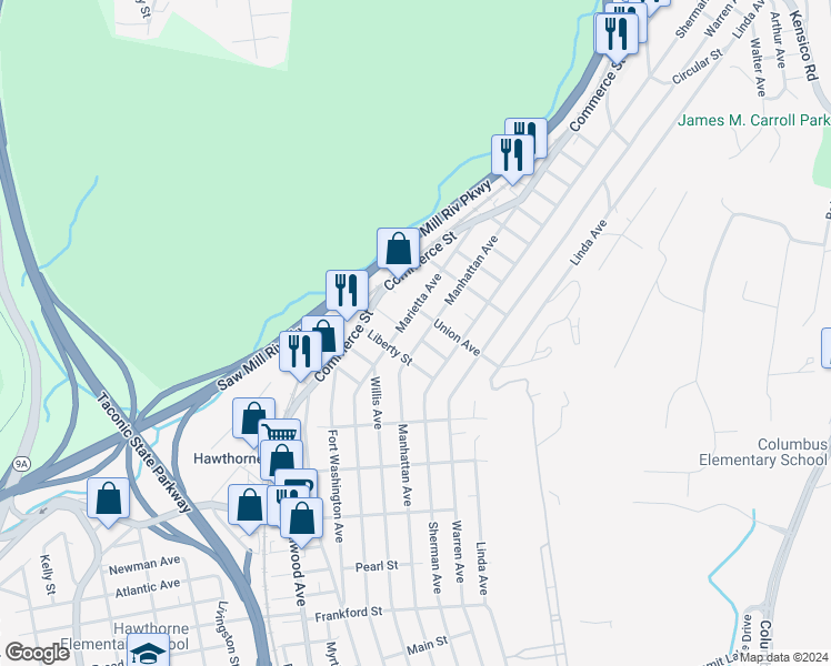 map of restaurants, bars, coffee shops, grocery stores, and more near 501 Manhattan Avenue in Hawthorne