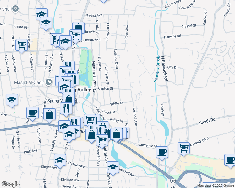 map of restaurants, bars, coffee shops, grocery stores, and more near 19 White Street in Spring Valley