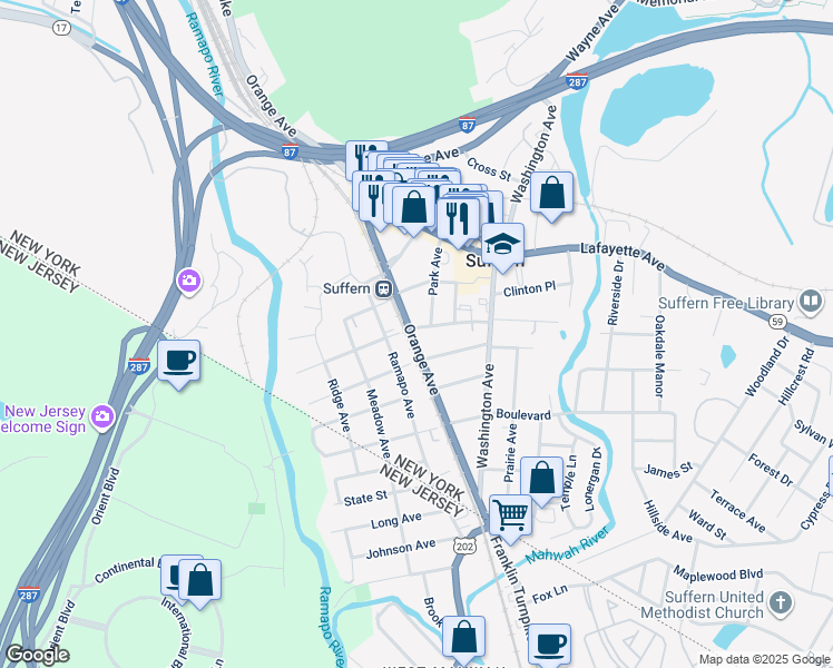 map of restaurants, bars, coffee shops, grocery stores, and more near 158 Orange Avenue in Suffern