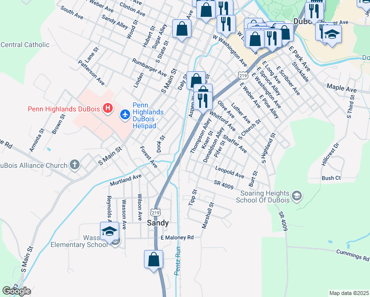 map of restaurants, bars, coffee shops, grocery stores, and more near 109 Penn Avenue in DuBois