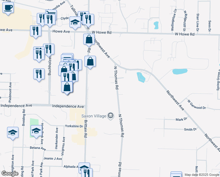 map of restaurants, bars, coffee shops, grocery stores, and more near 373 North Thomas Road in Tallmadge