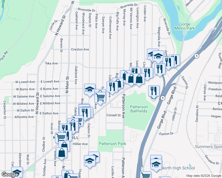 map of restaurants, bars, coffee shops, grocery stores, and more near 975 Collinwood Avenue in Akron