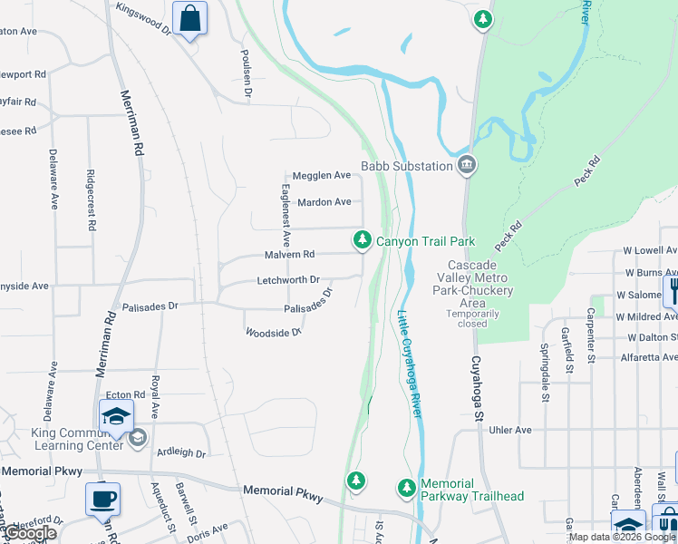 map of restaurants, bars, coffee shops, grocery stores, and more near 770 Canyon Trail in Akron