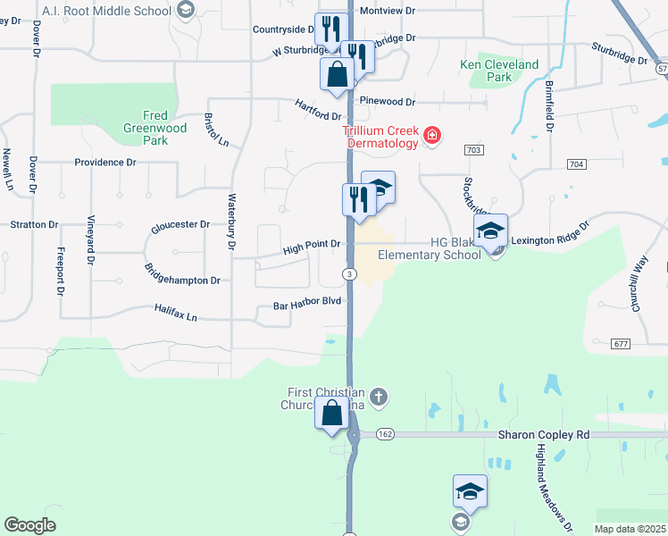map of restaurants, bars, coffee shops, grocery stores, and more near 123 Bar Harbor Boulevard in Medina