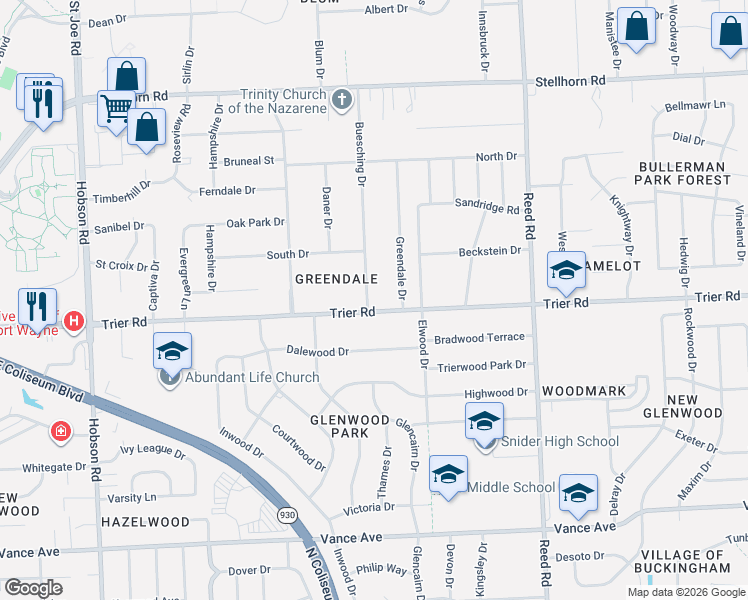 map of restaurants, bars, coffee shops, grocery stores, and more near 4166 Trier Rd in Fort Wayne