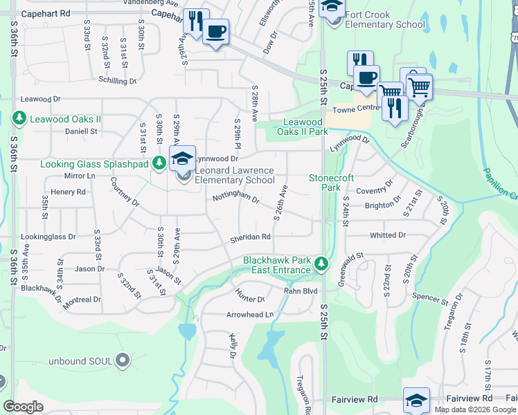 map of restaurants, bars, coffee shops, grocery stores, and more near 13402 South 27th Circle in Bellevue