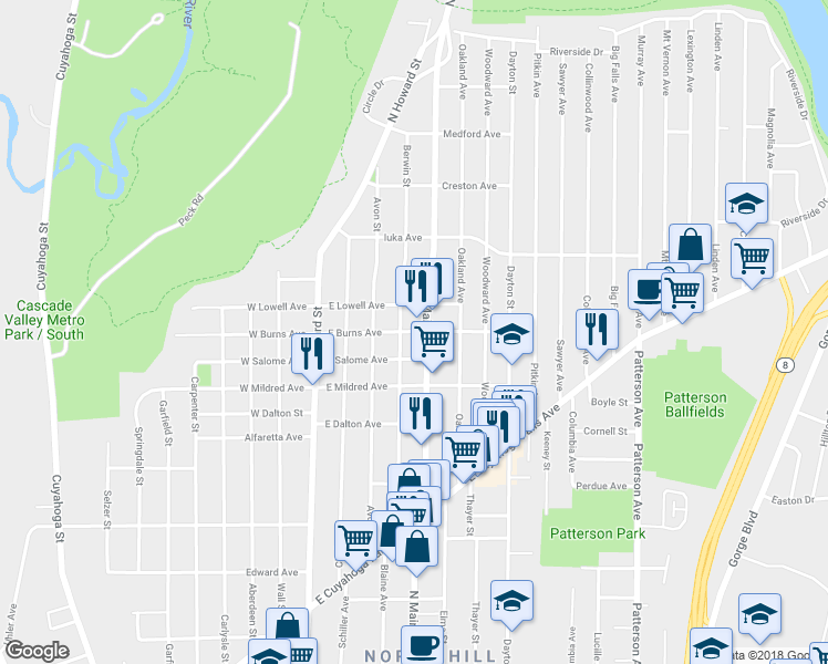 map of restaurants, bars, coffee shops, grocery stores, and more near 104 East Burns Avenue in Akron
