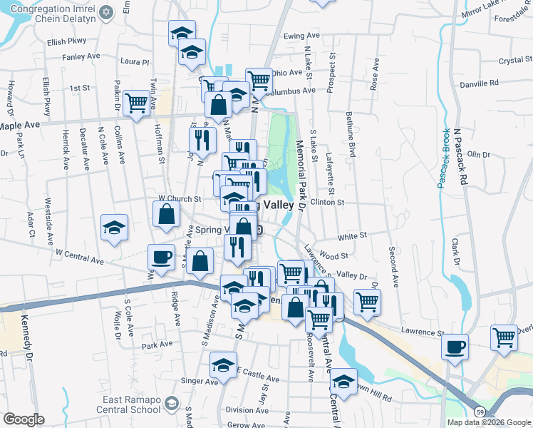 map of restaurants, bars, coffee shops, grocery stores, and more near 24-26 Lawrence Street in Spring Valley