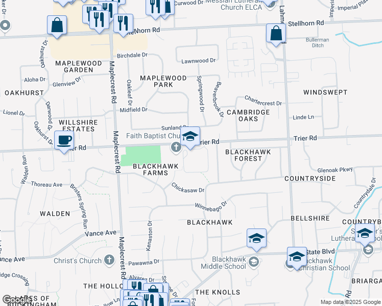 map of restaurants, bars, coffee shops, grocery stores, and more near 6700 Trier Road in Fort Wayne