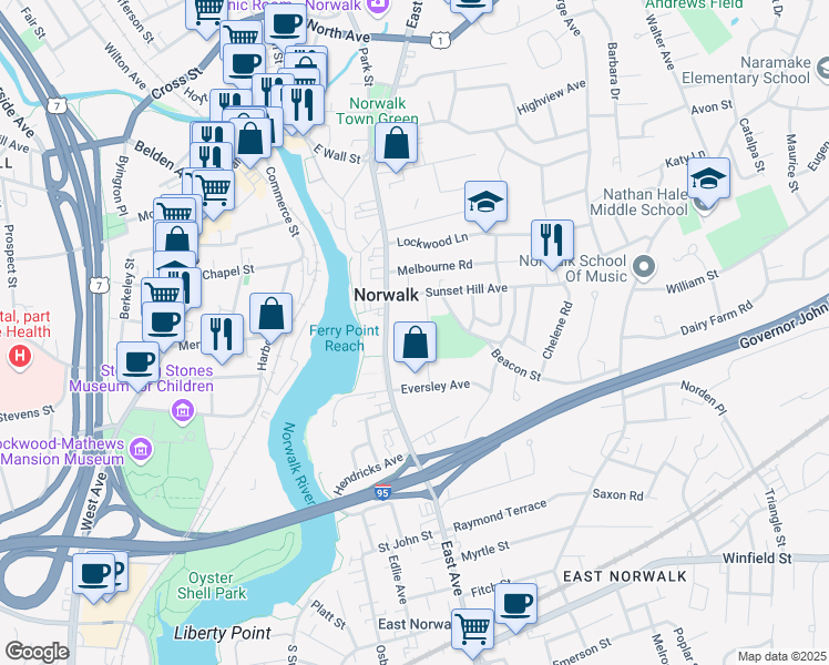 map of restaurants, bars, coffee shops, grocery stores, and more near in Norwalk