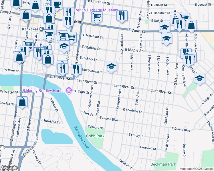map of restaurants, bars, coffee shops, grocery stores, and more near 852 East River Street in Kankakee