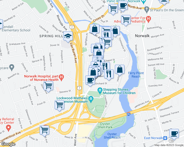map of restaurants, bars, coffee shops, grocery stores, and more near 5 Arch Street in Norwalk