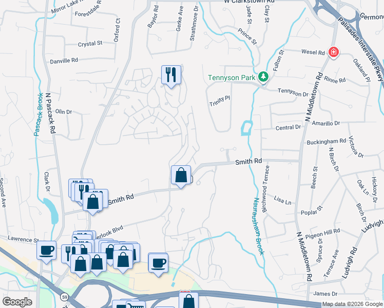 map of restaurants, bars, coffee shops, grocery stores, and more near 1 Kings Gate Parkway in Nanuet